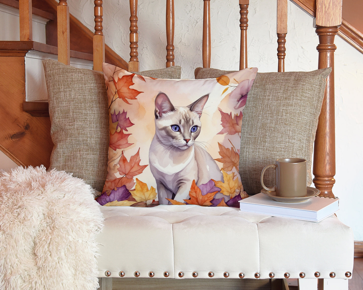 Thai Lilac Cat in Fall Leaves Throw Pillow