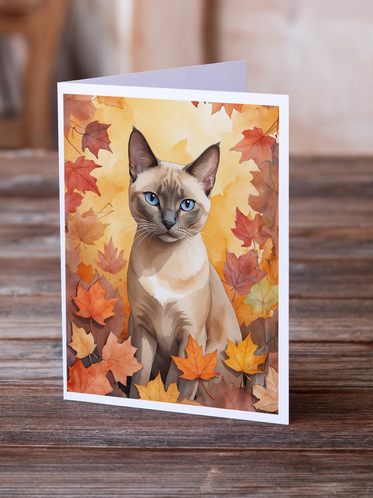 Tonkinese Cat in Fall Leaves Greeting Cards Pack of 8