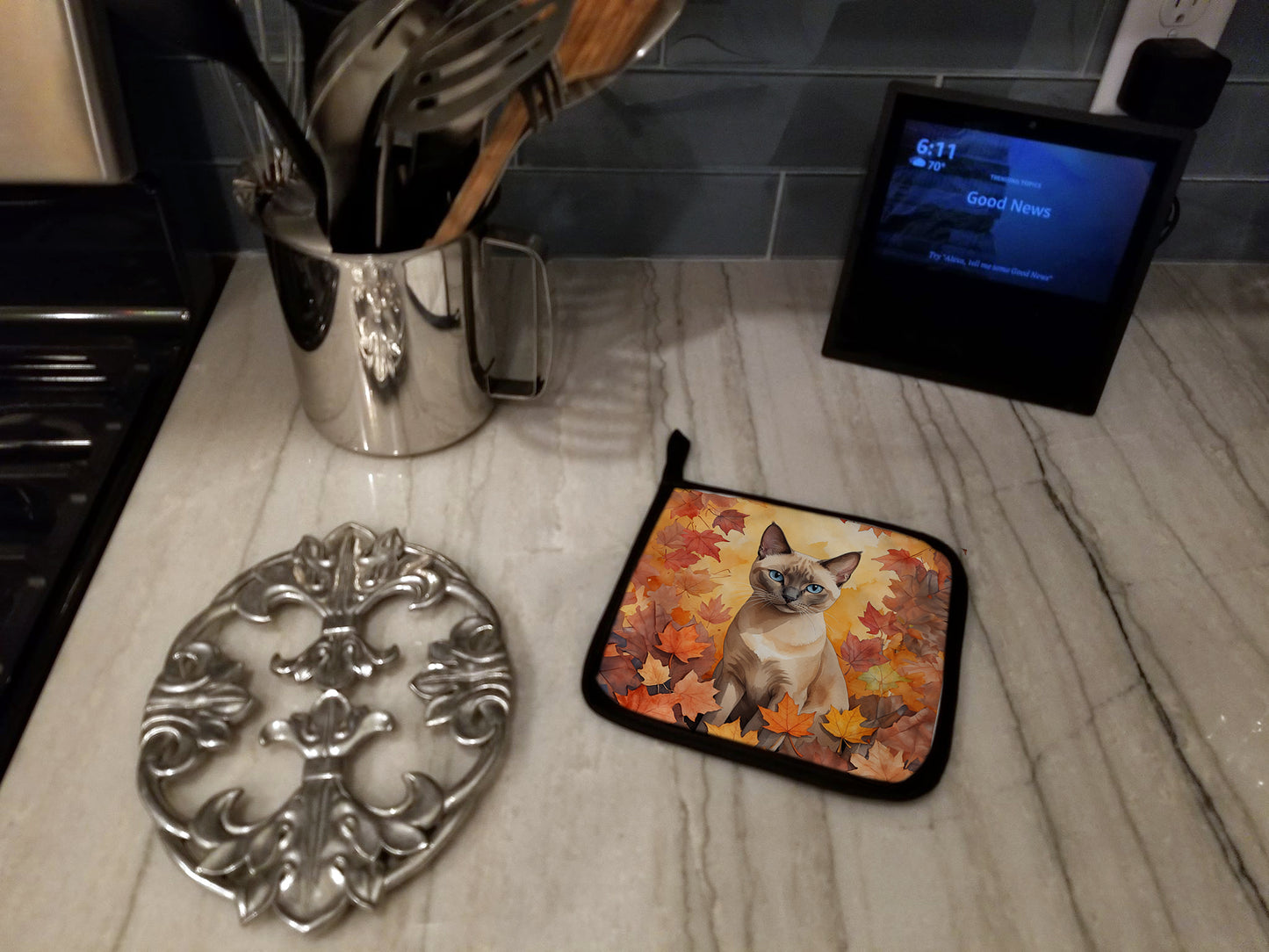 Tonkinese Cat in Fall Leaves Pair of Pot Holders