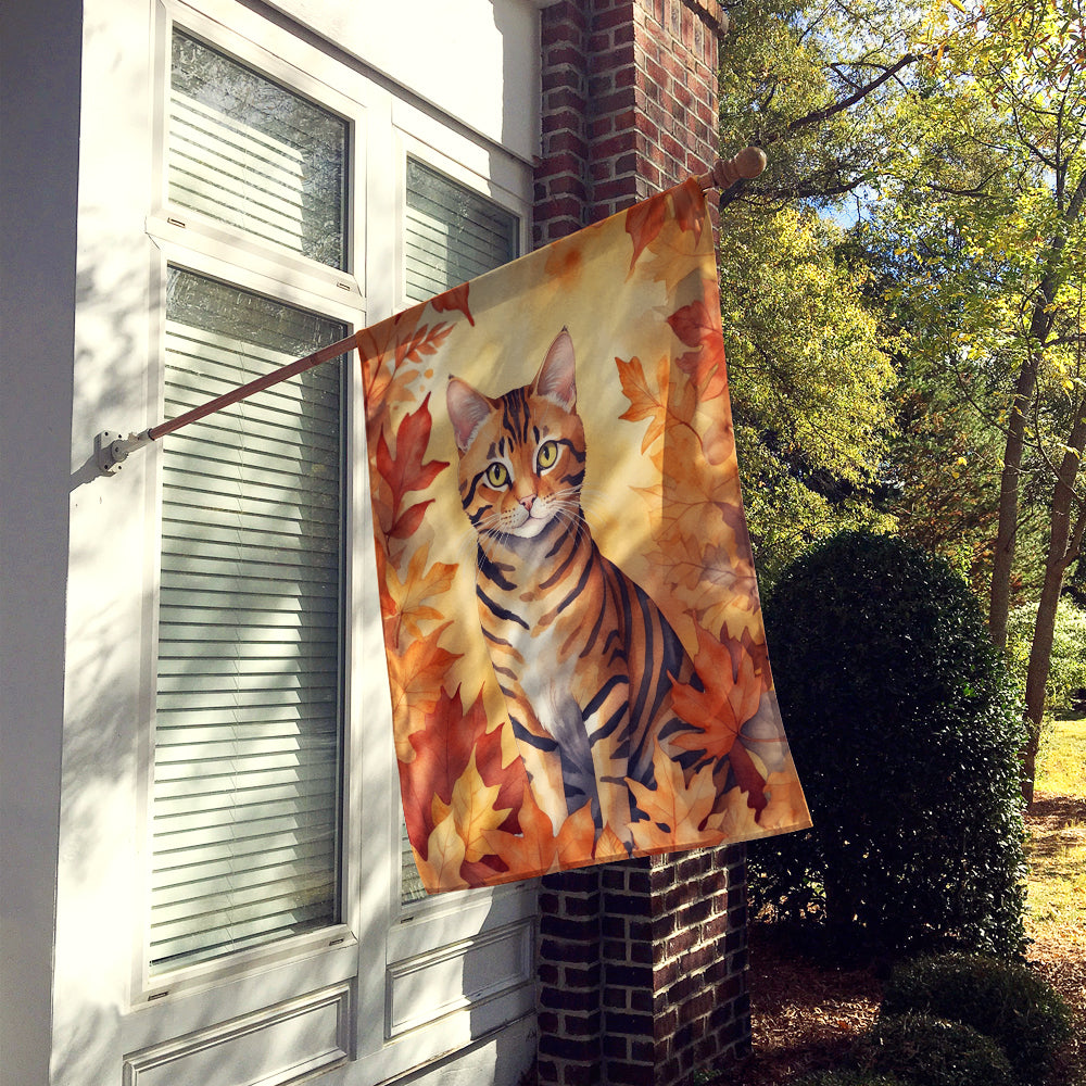 Toyger Cat in Fall Leaves House Flag