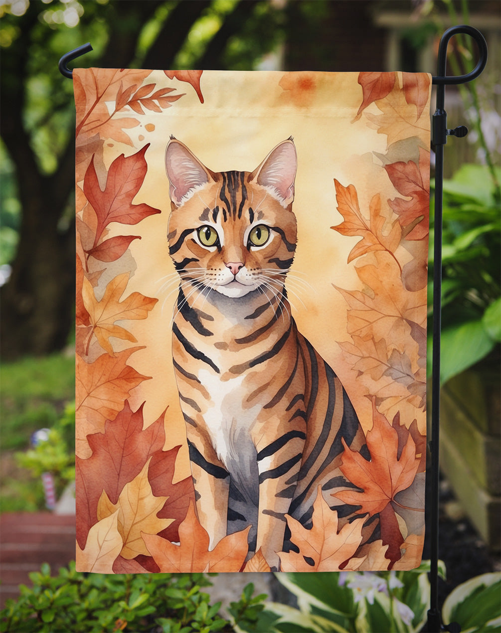 Toyger Cat in Fall Leaves Garden Flag