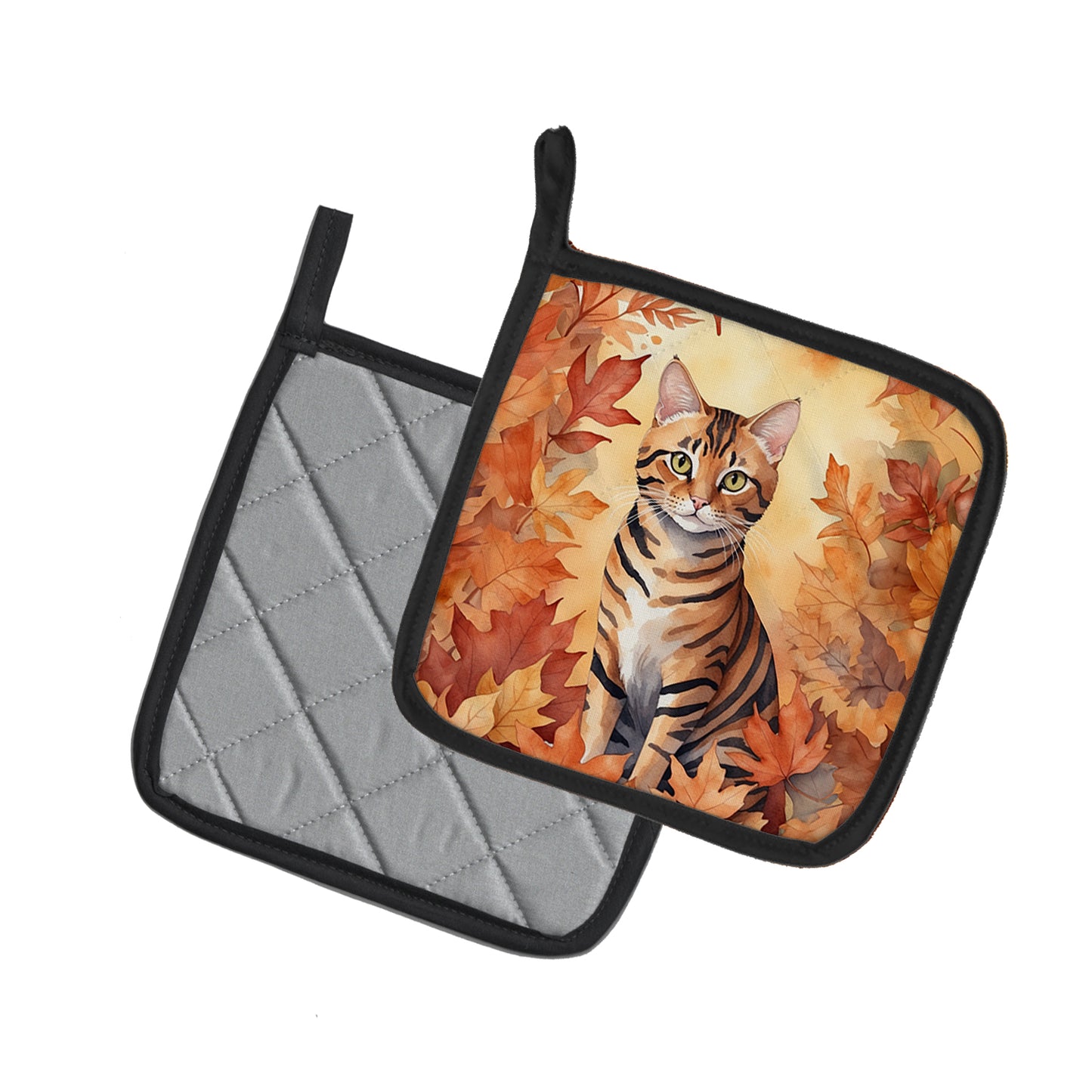 Toyger Cat in Fall Leaves Pair of Pot Holders