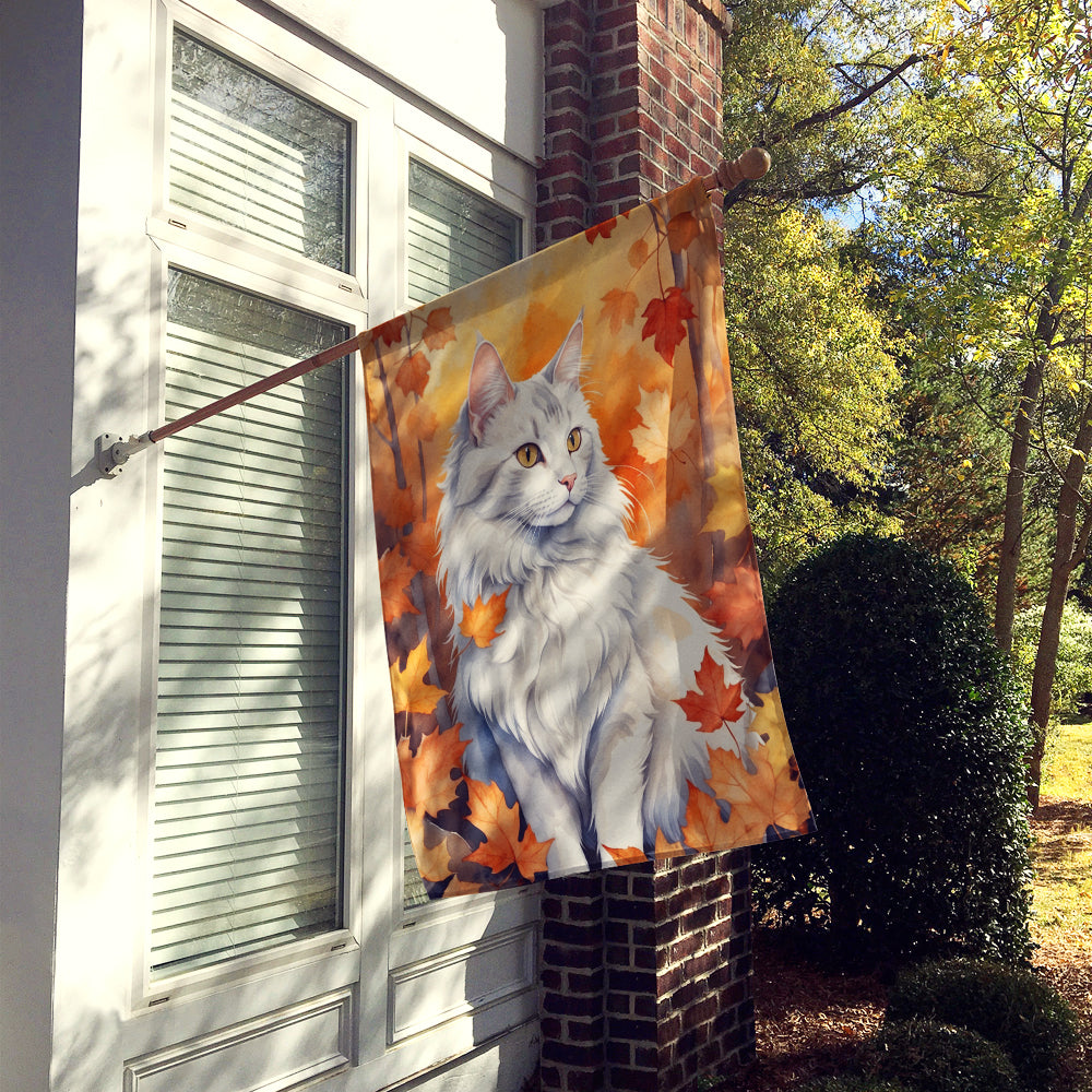 Turkish Angora Cat in Fall Leaves House Flag