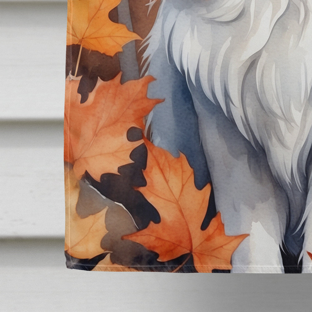 Turkish Angora Cat in Fall Leaves House Flag