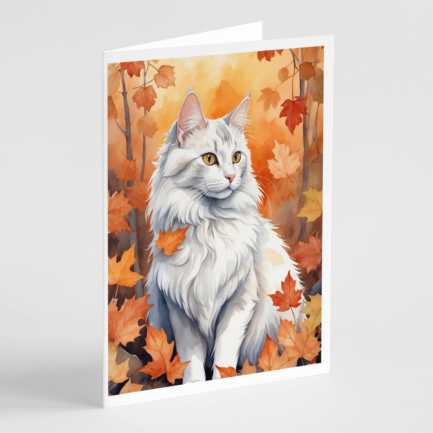 Buy this Turkish Angora Cat in Fall Leaves Greeting Cards Pack of 8