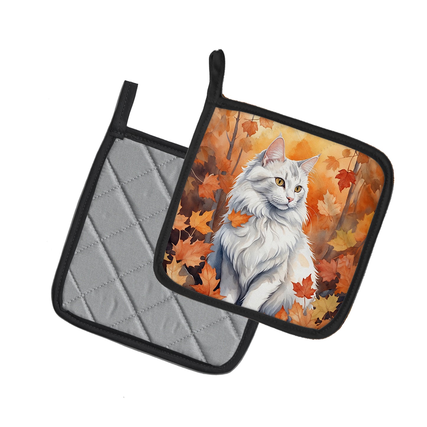 Turkish Angora Cat in Fall Leaves Pair of Pot Holders