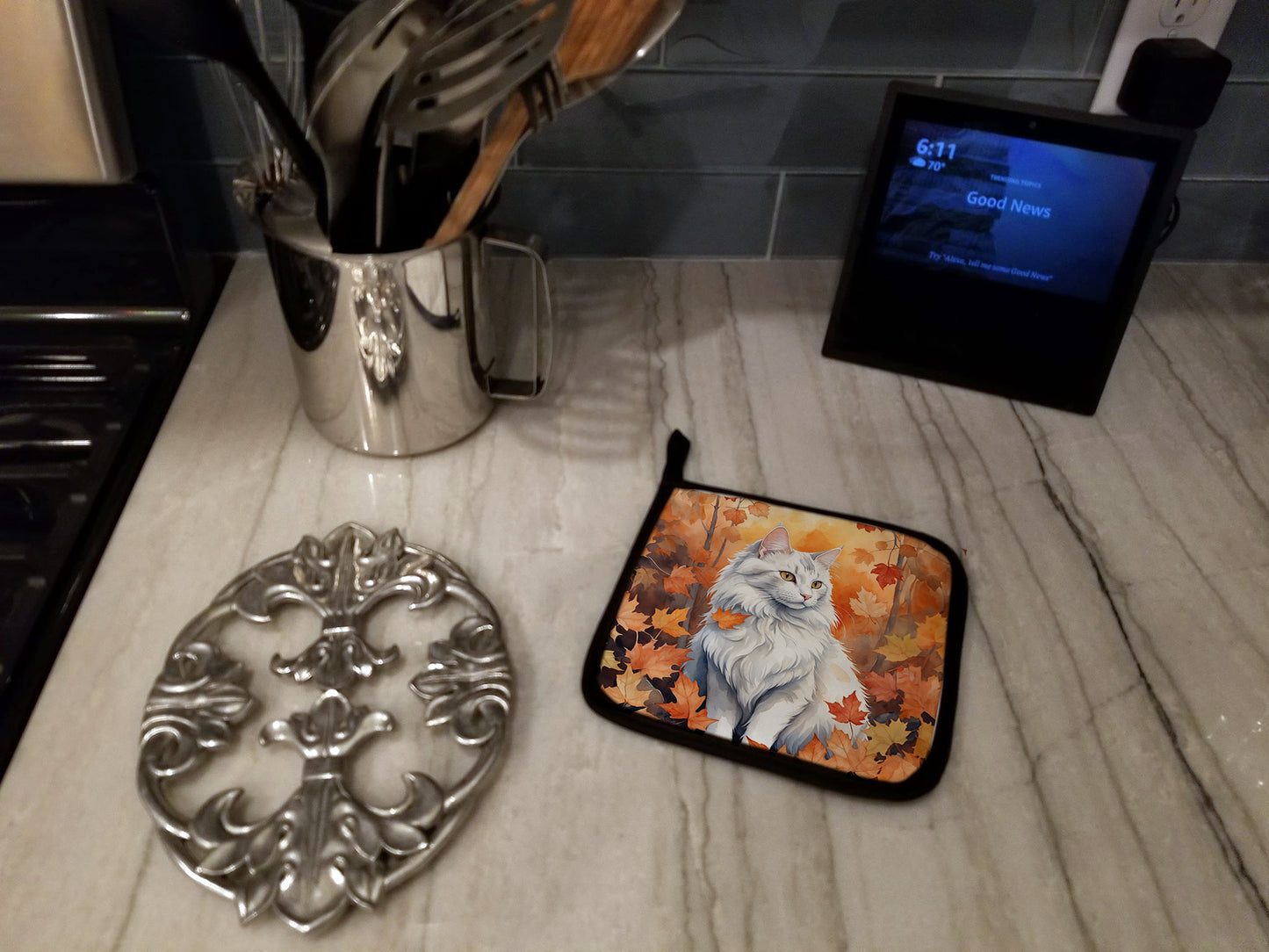 Turkish Angora Cat in Fall Leaves Pair of Pot Holders