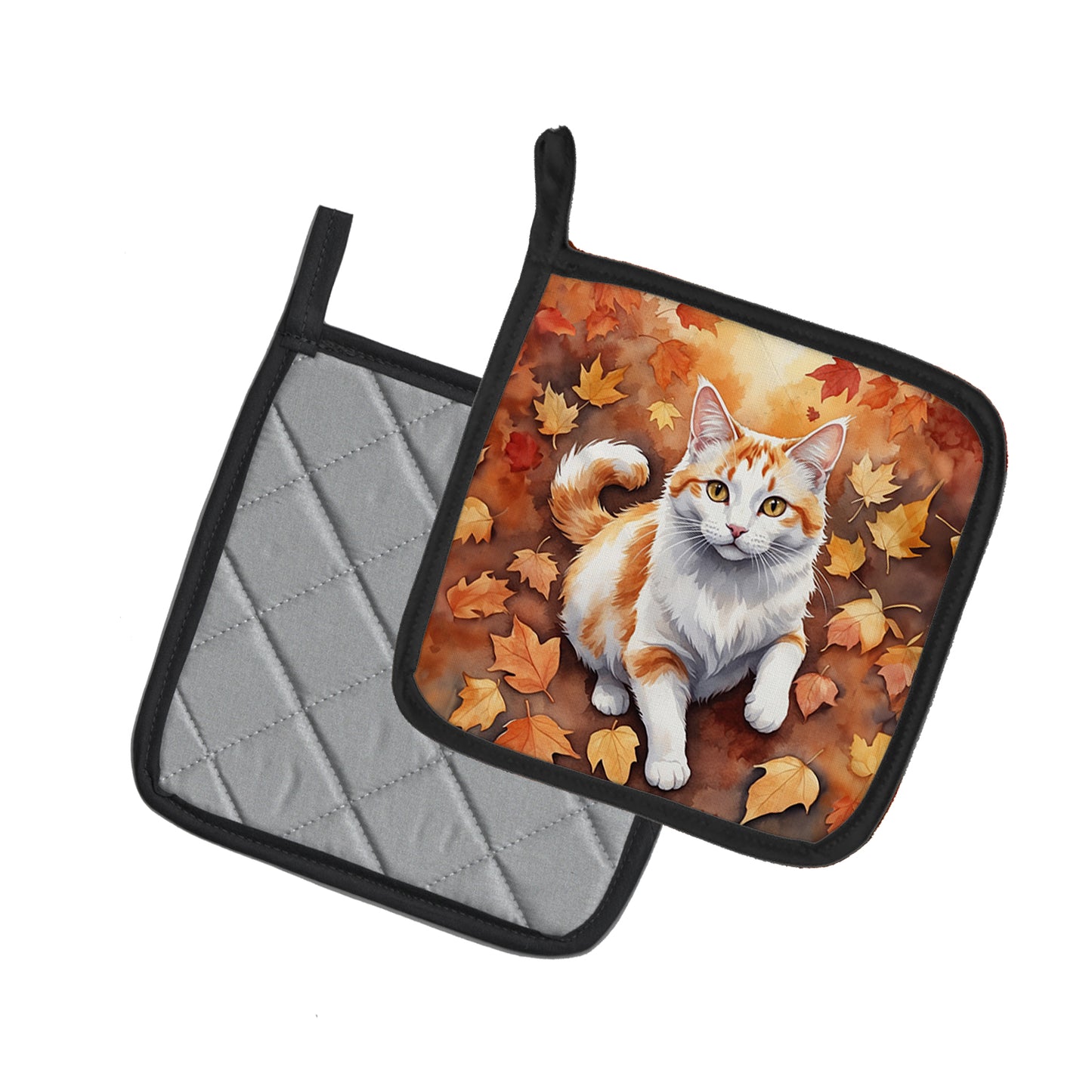Turkish Van Cat in Fall Leaves Pair of Pot Holders