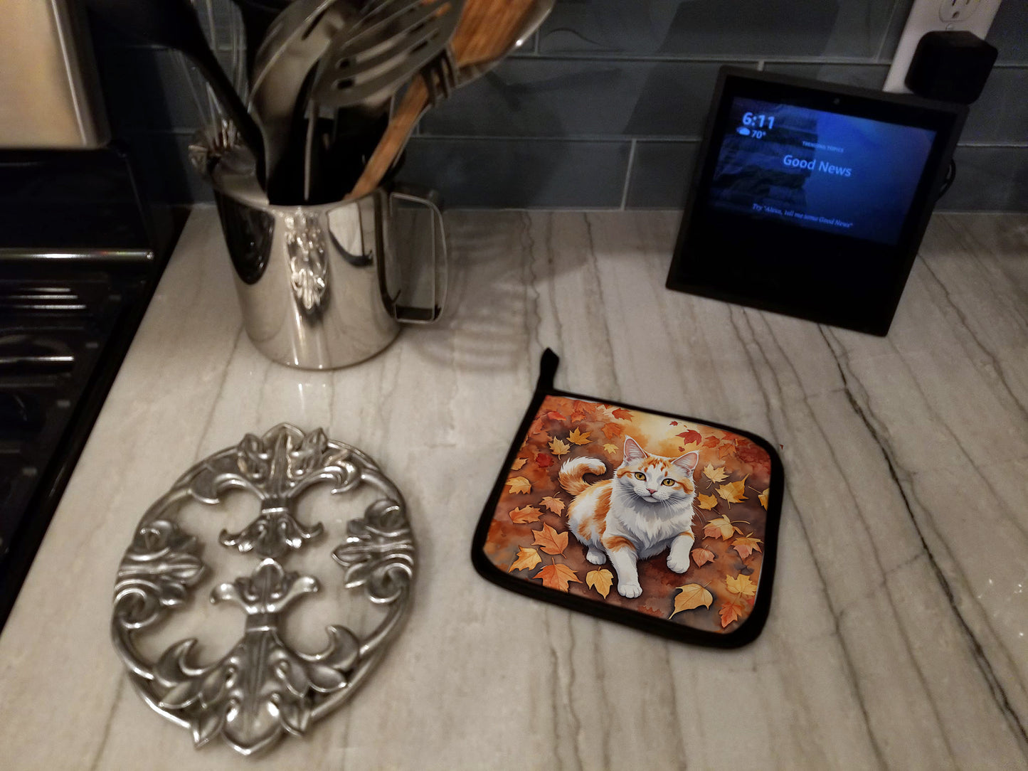 Turkish Van Cat in Fall Leaves Pair of Pot Holders