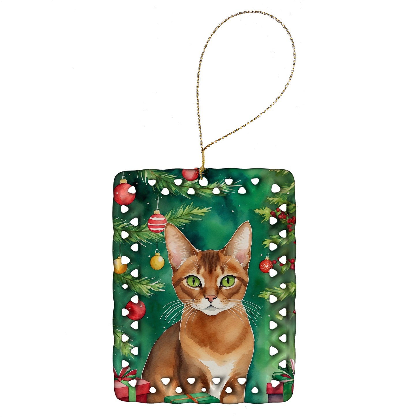 Buy this Abyssinian Cat By the Christmas Tree Porcelain Ornament