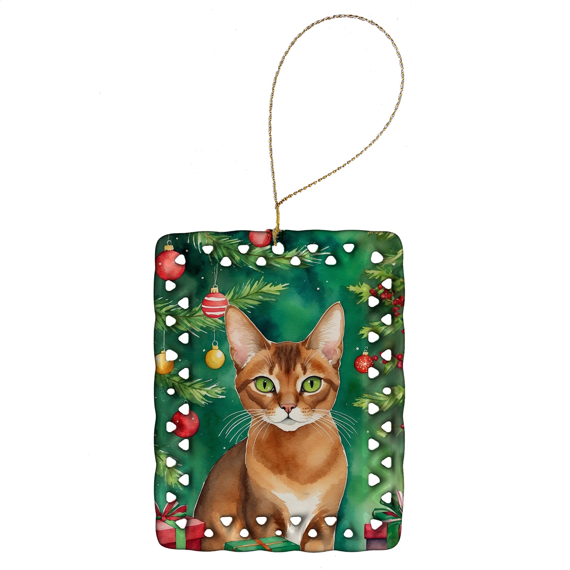 Buy this Abyssinian Cat By the Christmas Tree Porcelain Ornament
