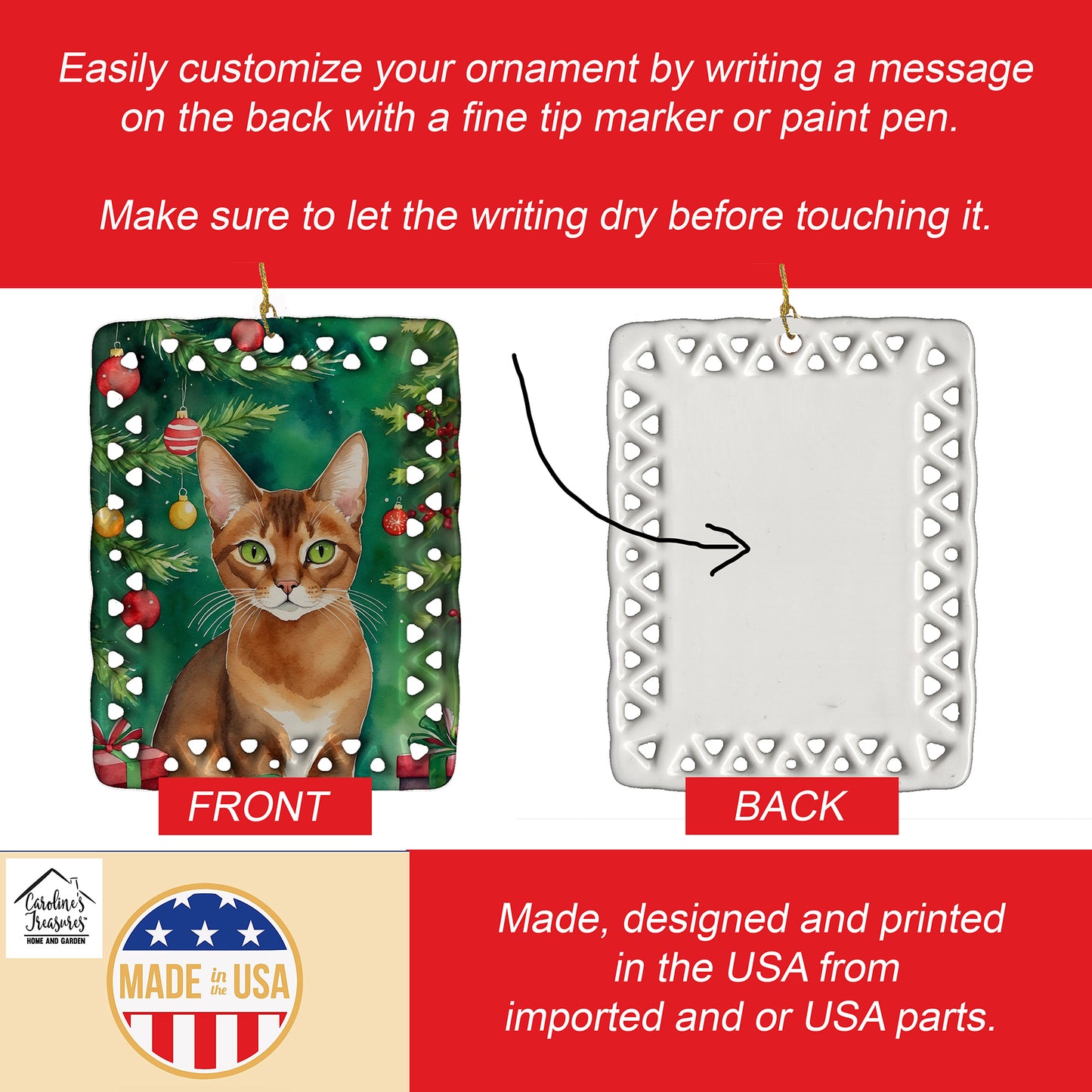 Abyssinian Cat By the Christmas Tree Porcelain Ornament