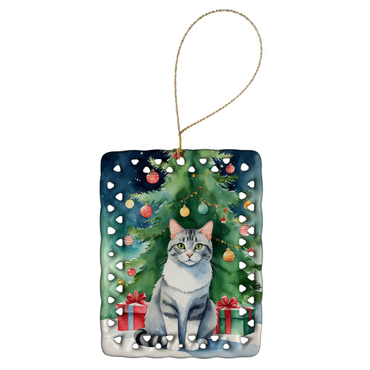 Buy this Aegean Cat By the Christmas Tree Porcelain Ornament