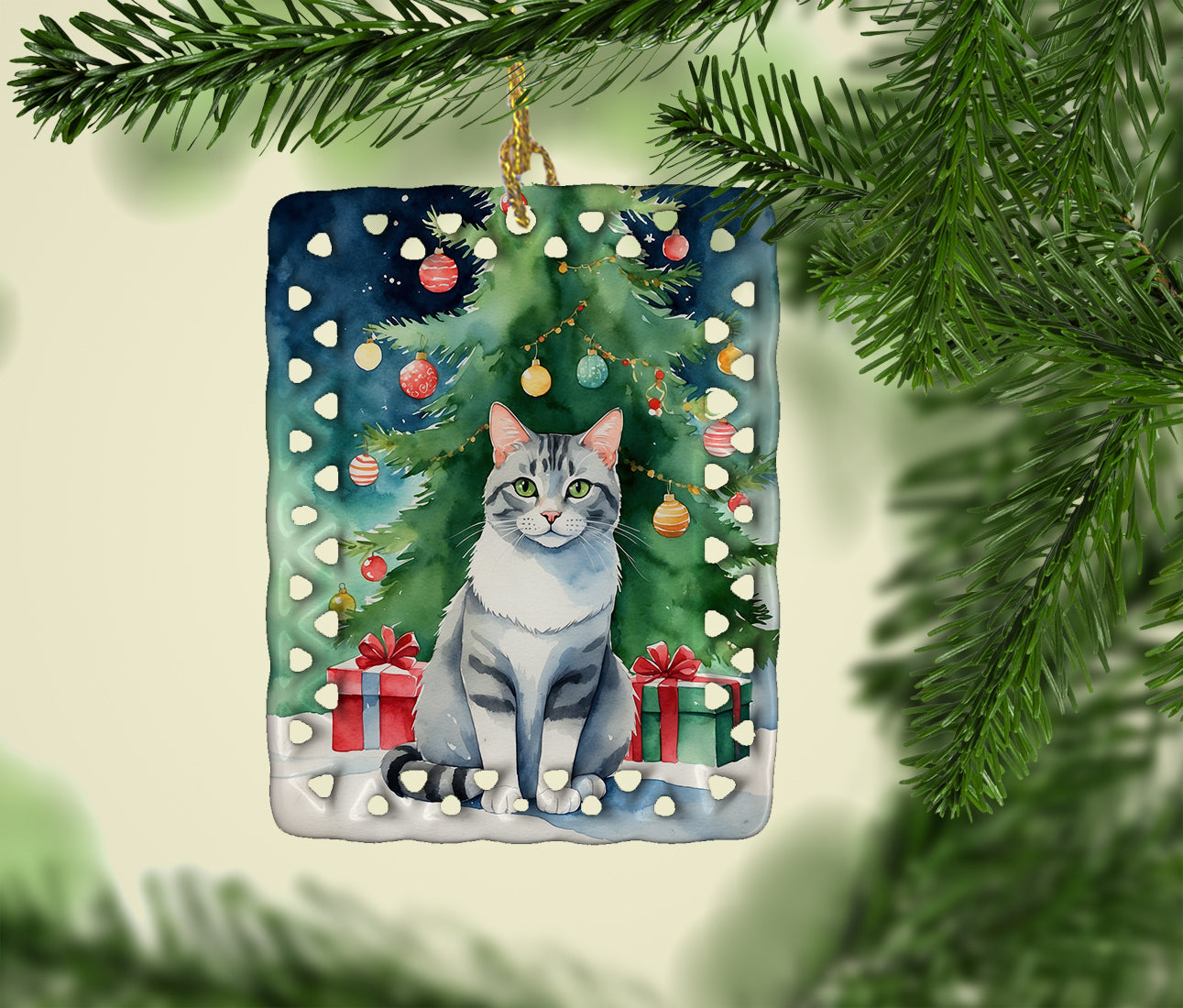 Aegean Cat By the Christmas Tree Porcelain Ornament
