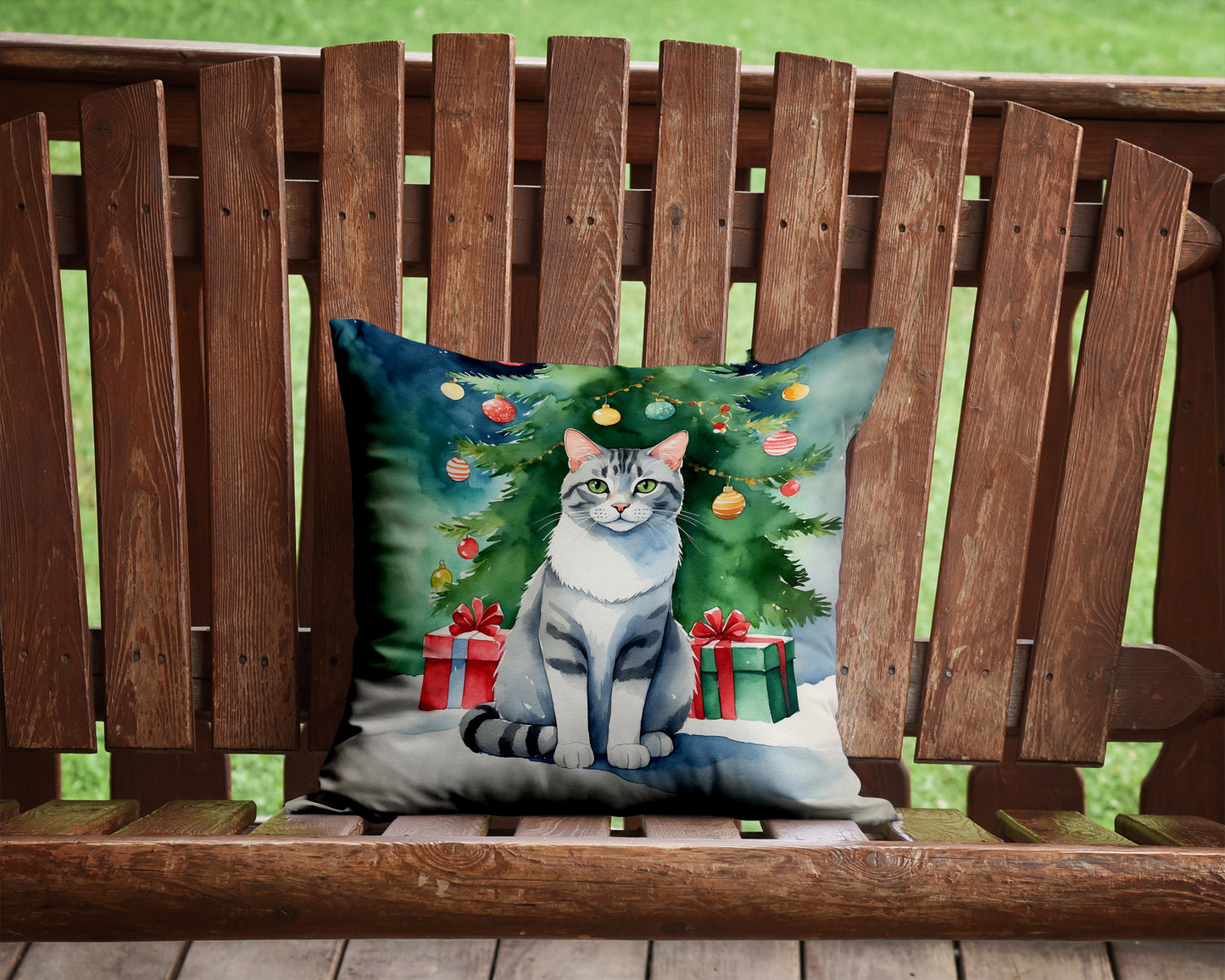 Aegean Cat By the Christmas Tree Throw Pillow