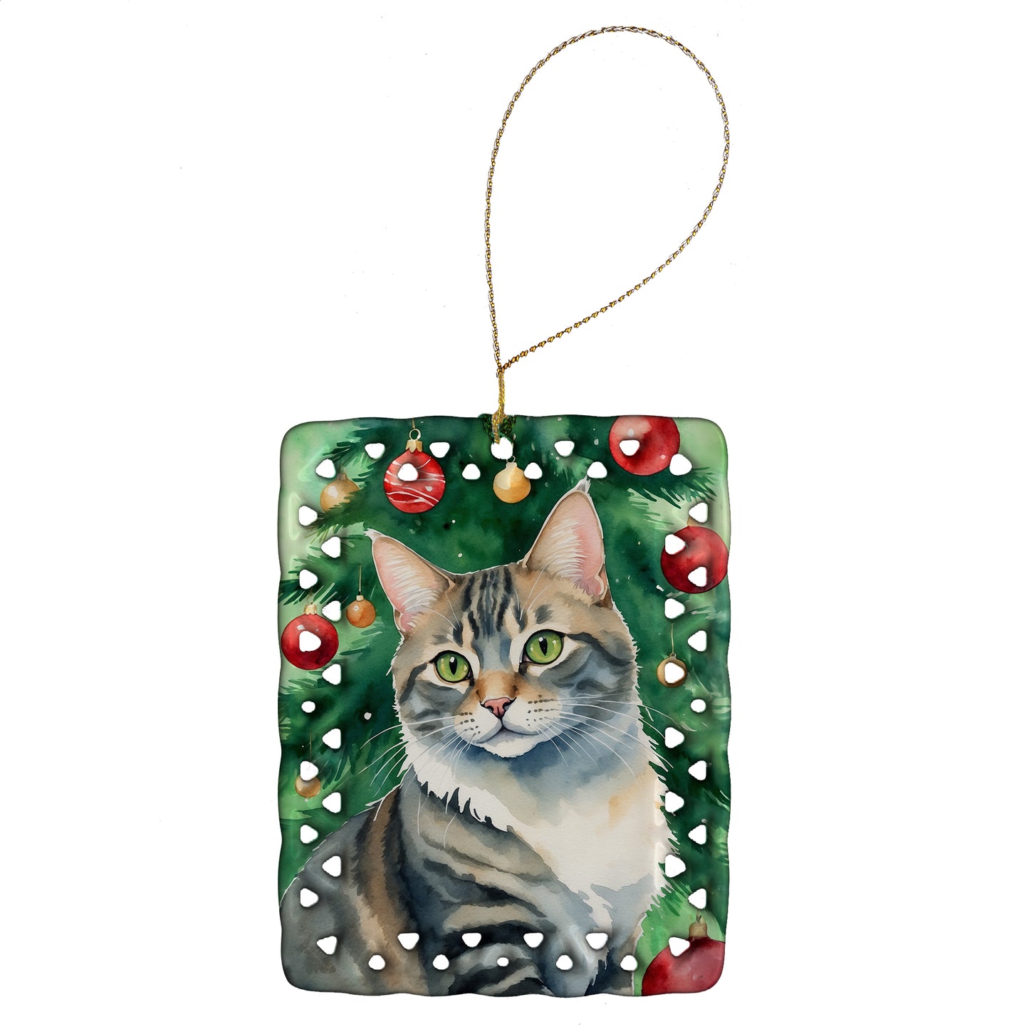 Buy this American Bobtail Cat By the Christmas Tree Porcelain Ornament