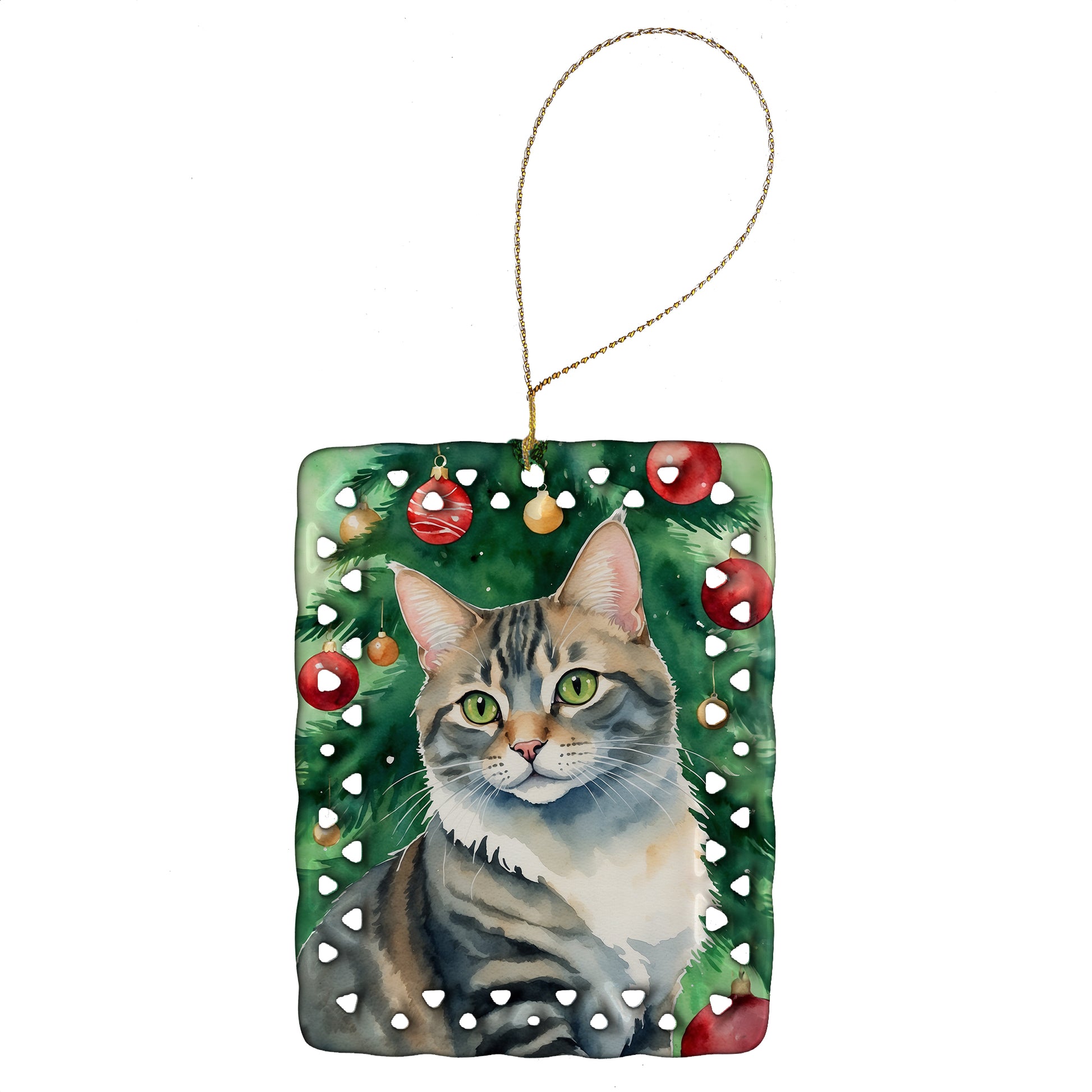 Buy this American Bobtail Cat By the Christmas Tree Porcelain Ornament