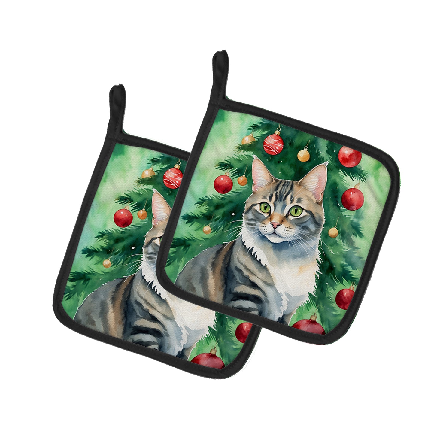 Buy this American Bobtail Cat By the Christmas Tree Pair of Pot Holders
