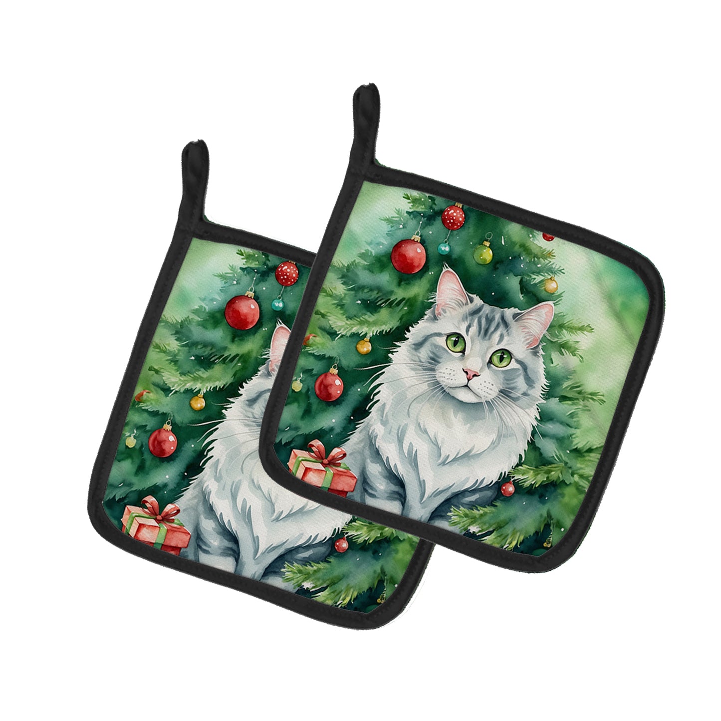 Buy this American Curl Cat By the Christmas Tree Pair of Pot Holders