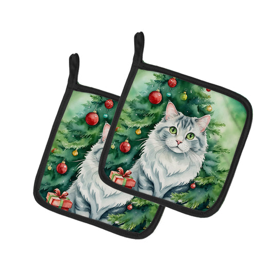 Buy this American Curl Cat By the Christmas Tree Pair of Pot Holders
