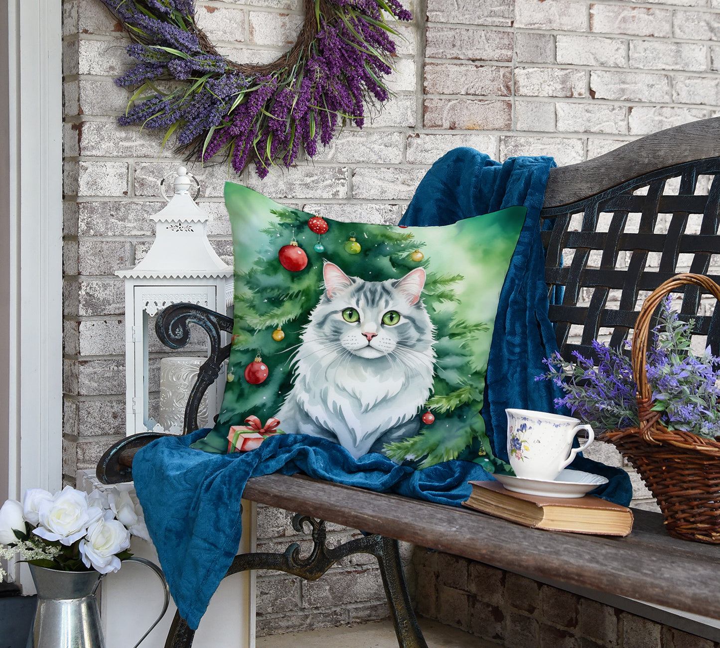 American Curl Cat By the Christmas Tree Throw Pillow