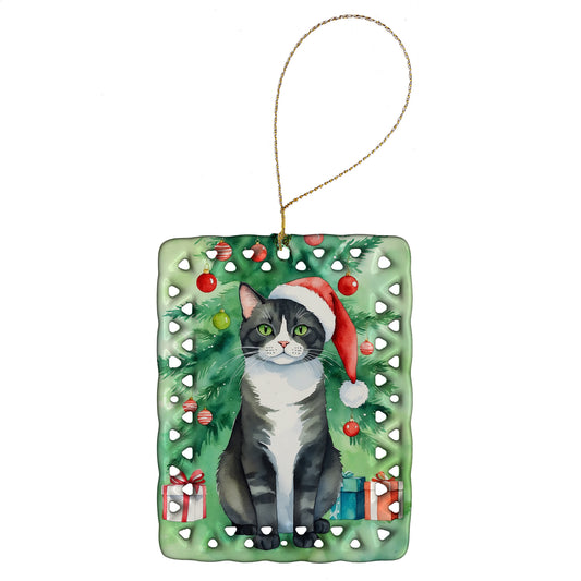 Buy this American Polydactyl Cat By the Christmas Tree Porcelain Ornament