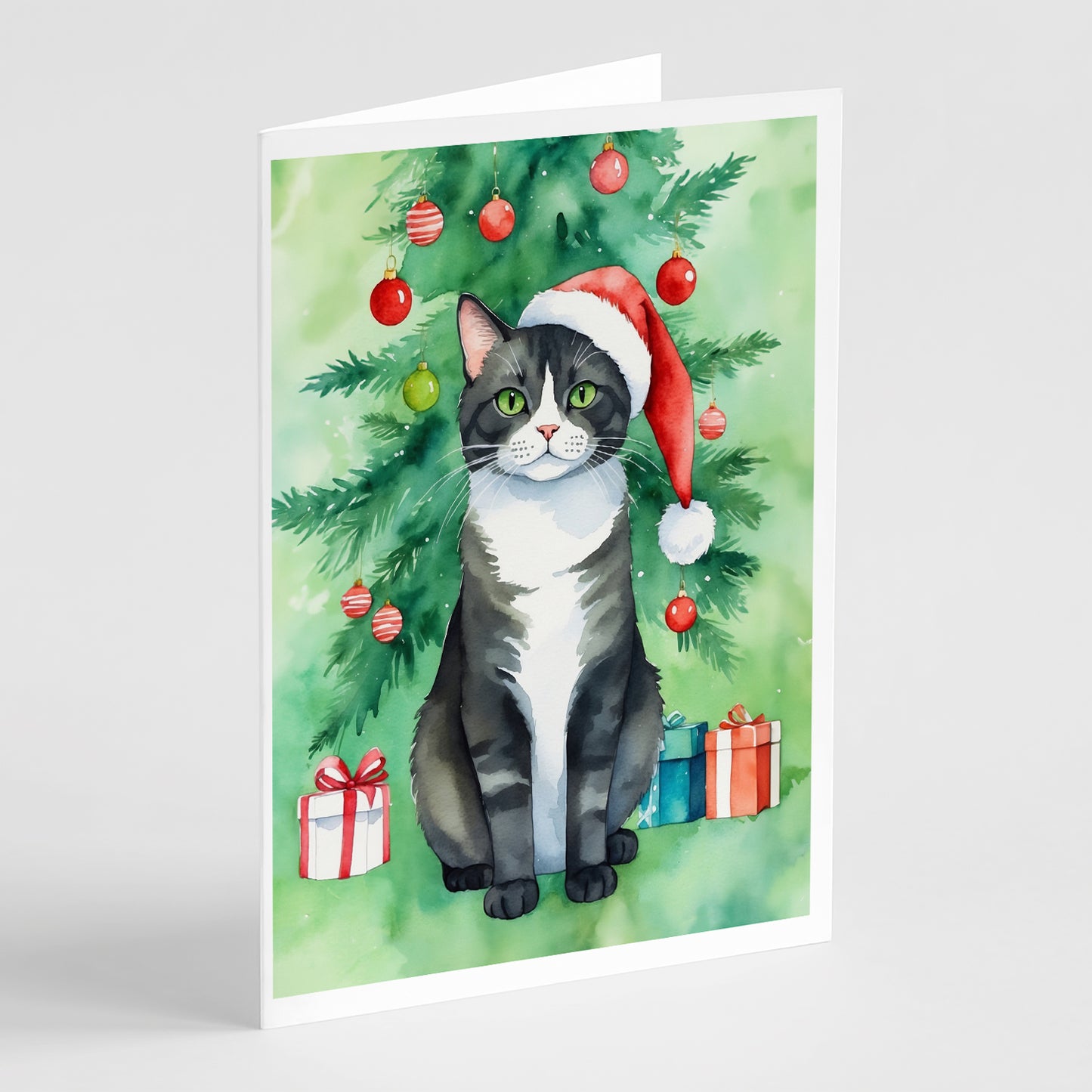 Buy this American Polydactyl Cat By the Christmas Tree Greeting Cards Pack of 8