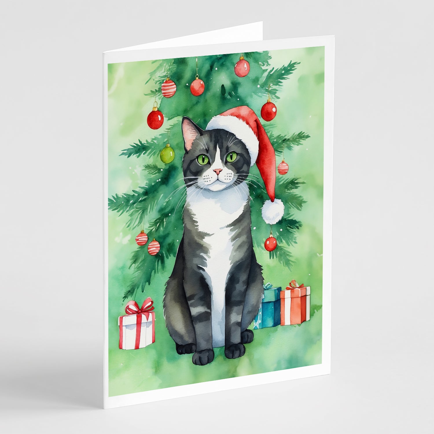 Buy this American Polydactyl Cat By the Christmas Tree Greeting Cards Pack of 8