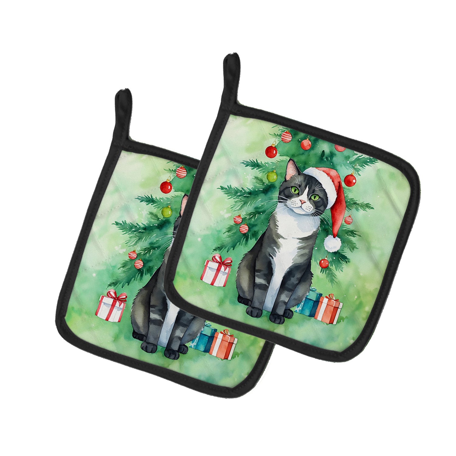 Buy this American Polydactyl Cat By the Christmas Tree Pair of Pot Holders