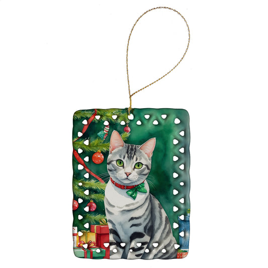 Buy this American Shorthair Cat By the Christmas Tree Porcelain Ornament