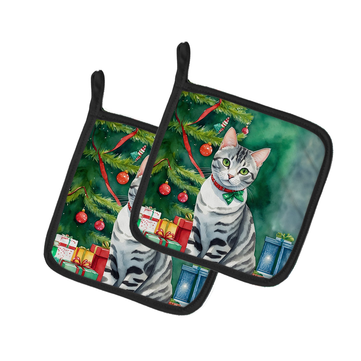 Buy this American Shorthair Cat By the Christmas Tree Pair of Pot Holders