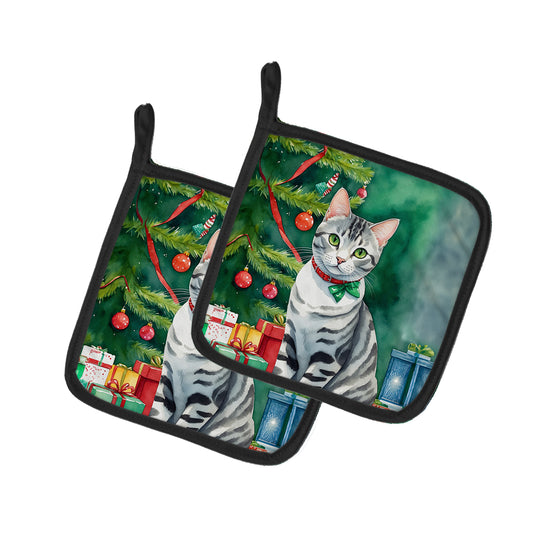 Buy this American Shorthair Cat By the Christmas Tree Pair of Pot Holders