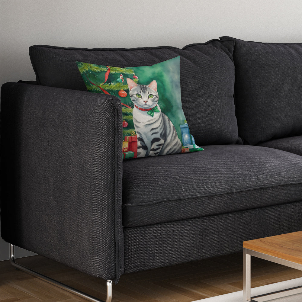 American Shorthair Cat By the Christmas Tree Throw Pillow