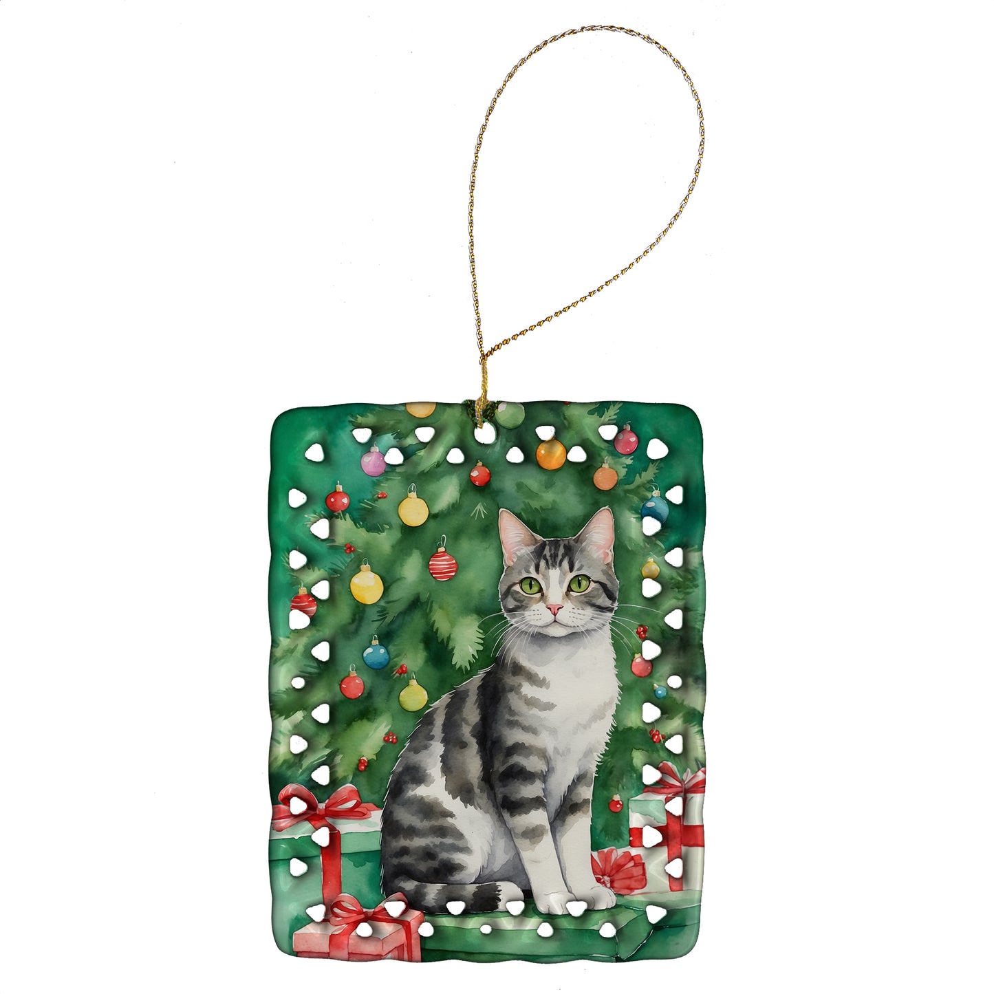 Buy this American Wirehair Cat By the Christmas Tree Porcelain Ornament