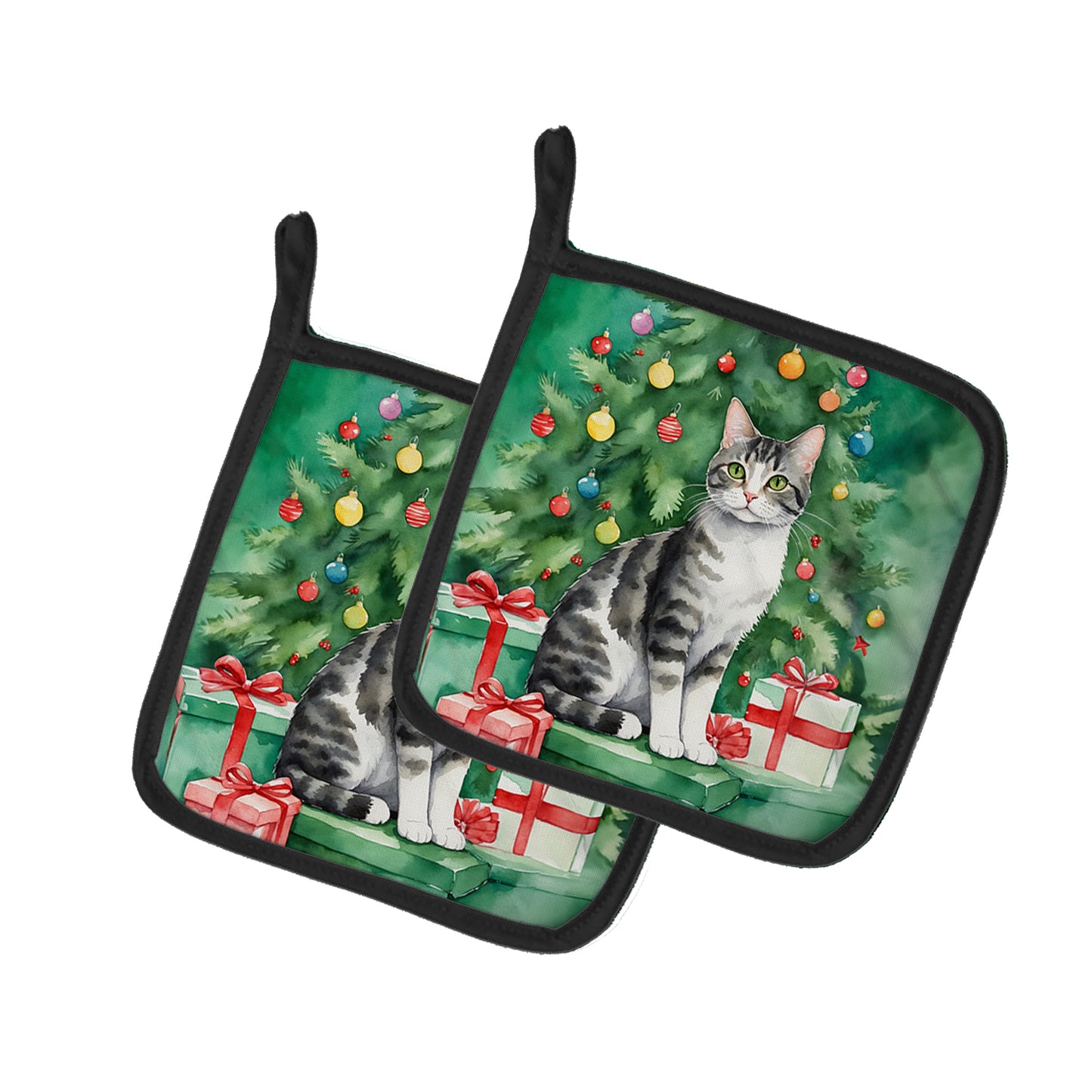Buy this American Wirehair Cat By the Christmas Tree Pair of Pot Holders