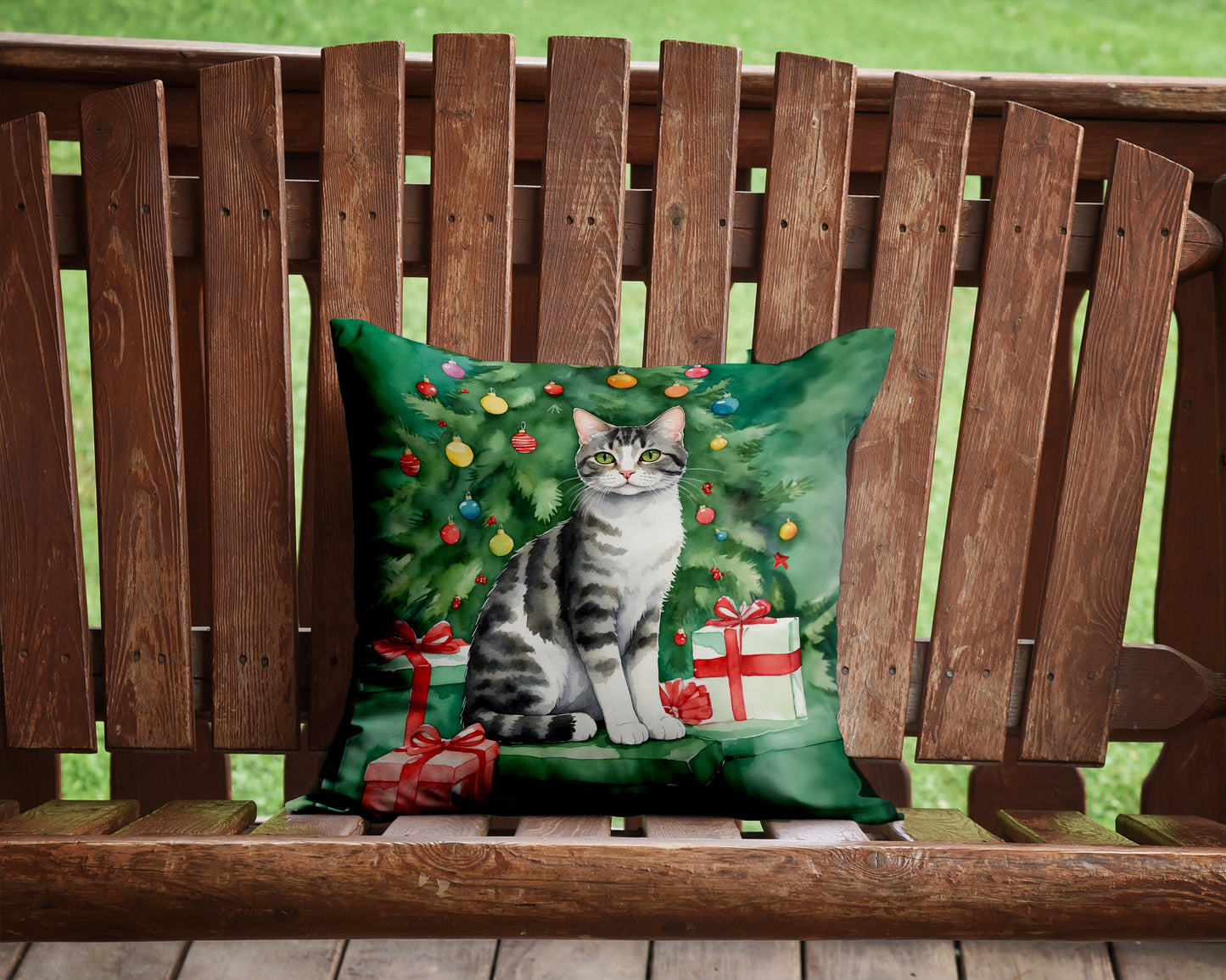 American Wirehair Cat By the Christmas Tree Throw Pillow