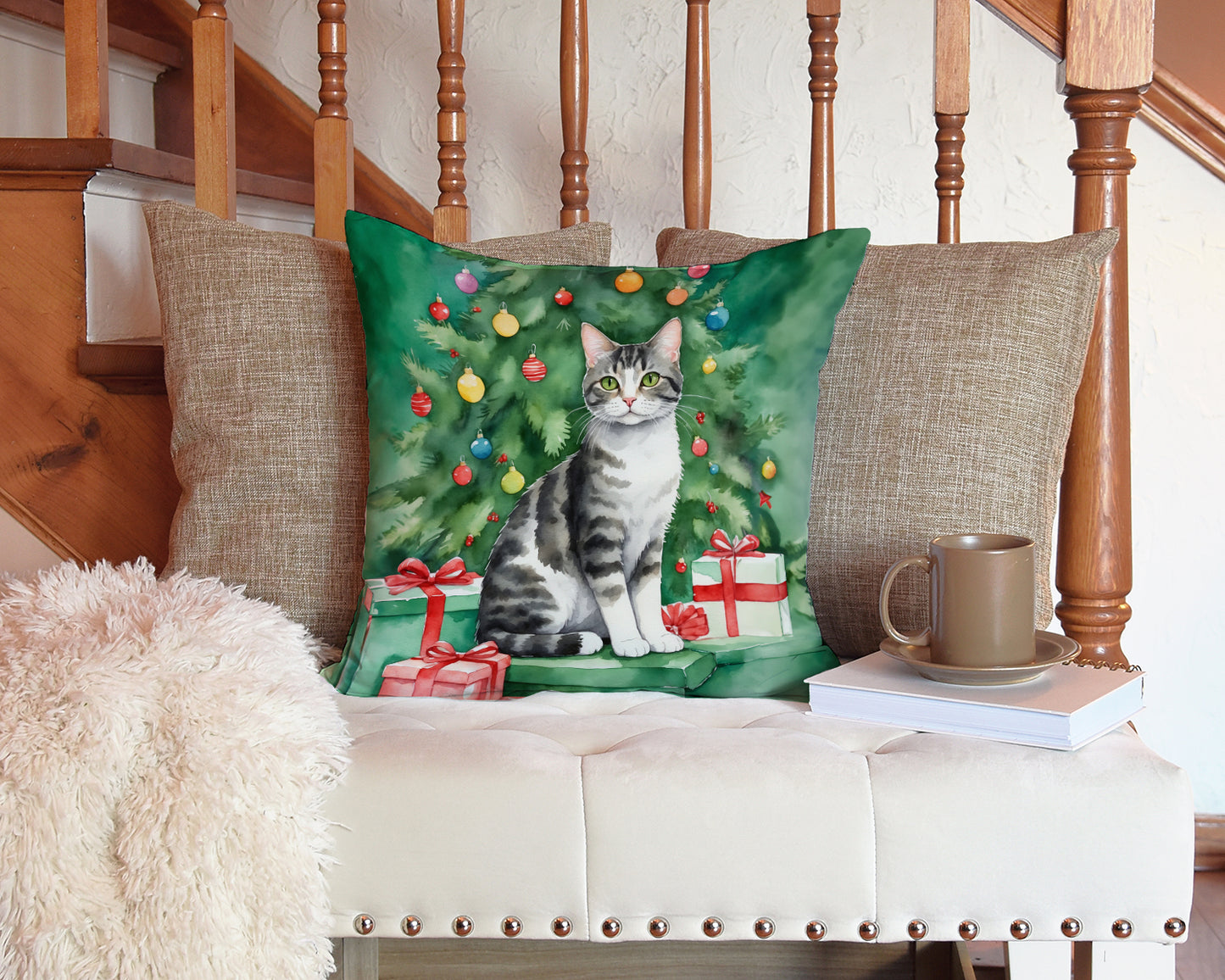 American Wirehair Cat By the Christmas Tree Throw Pillow