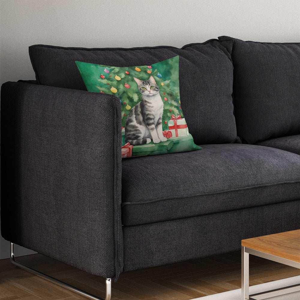 American Wirehair Cat By the Christmas Tree Throw Pillow