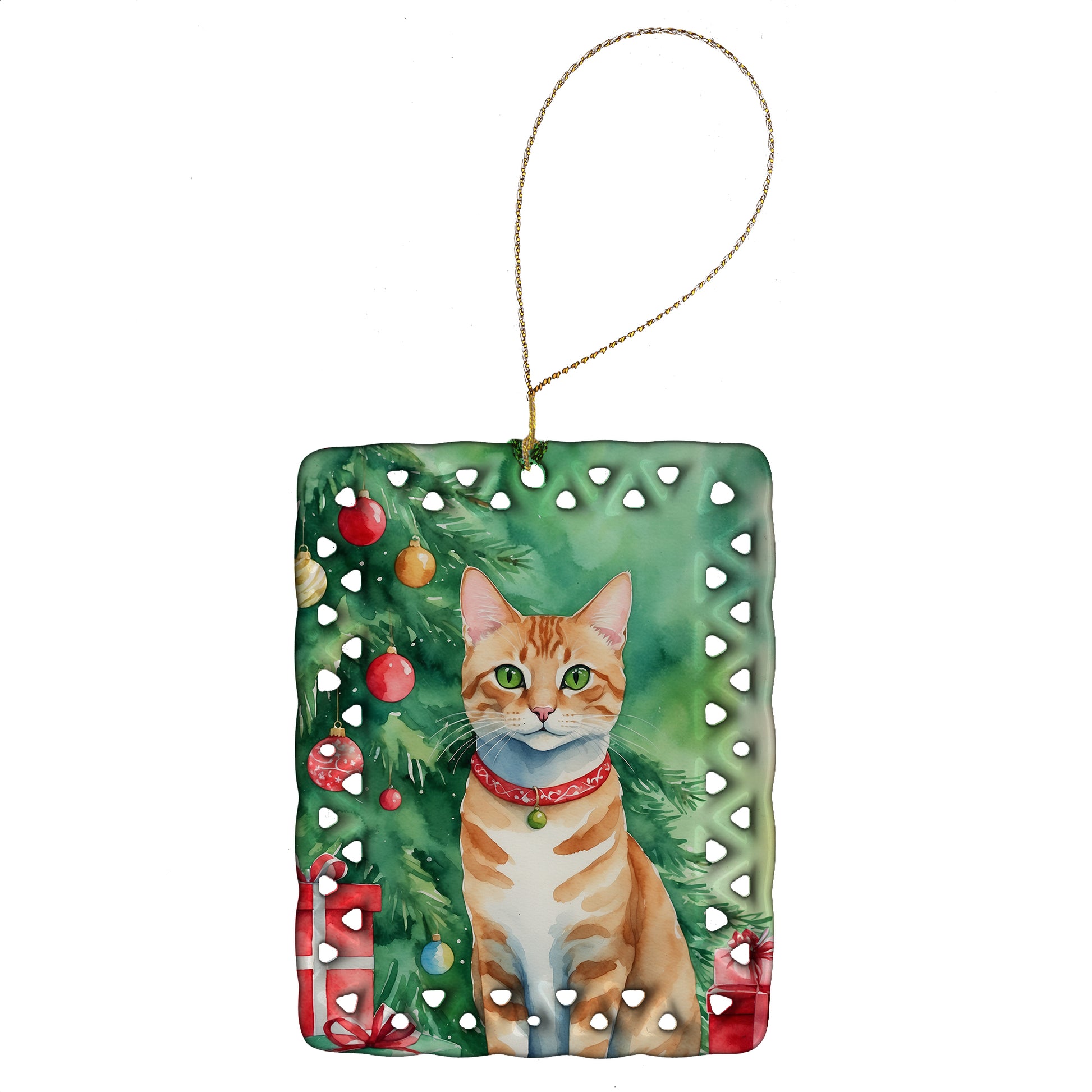 Buy this Arabian Mau Cat By the Christmas Tree Porcelain Ornament