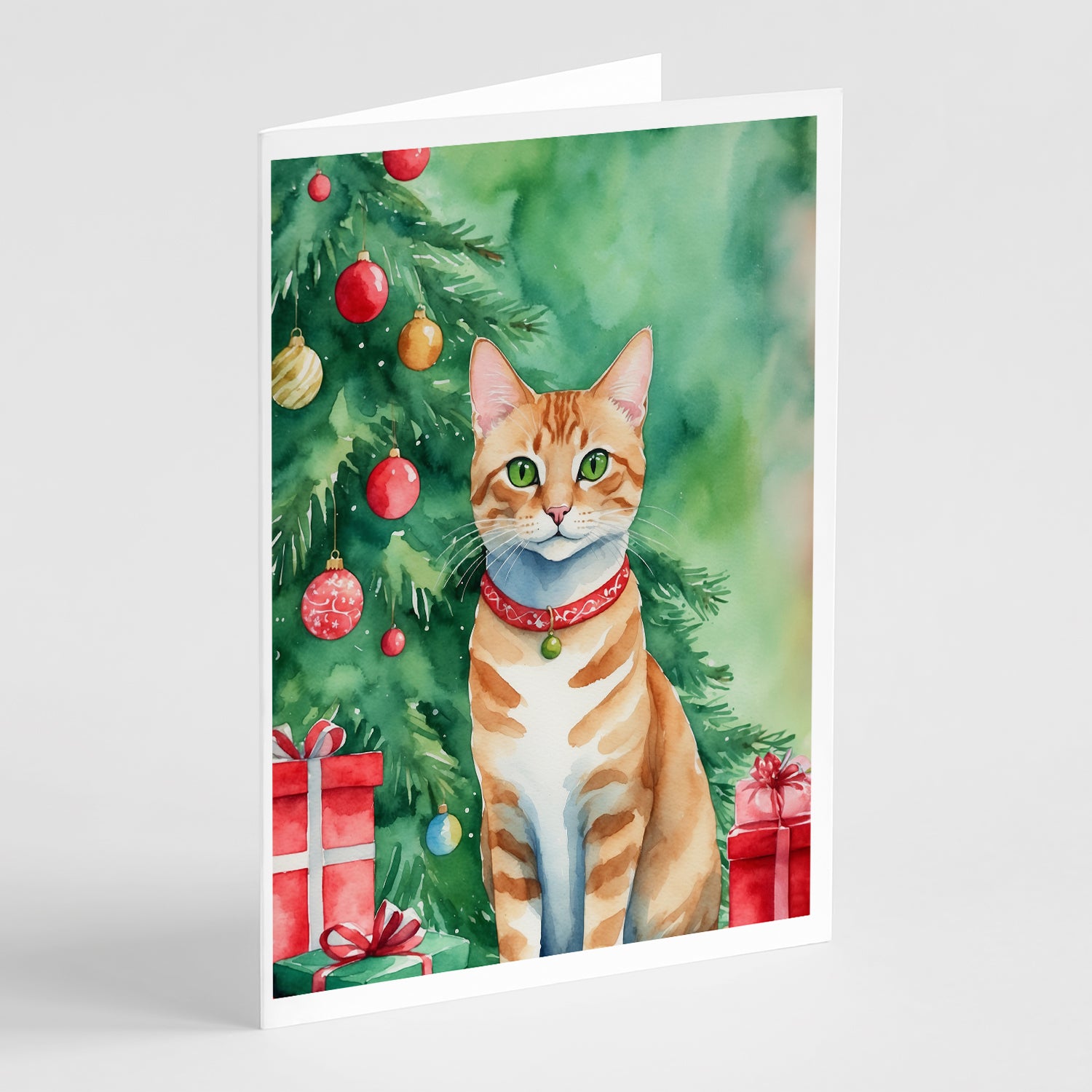 Buy this Arabian Mau Cat By the Christmas Tree Greeting Cards Pack of 8
