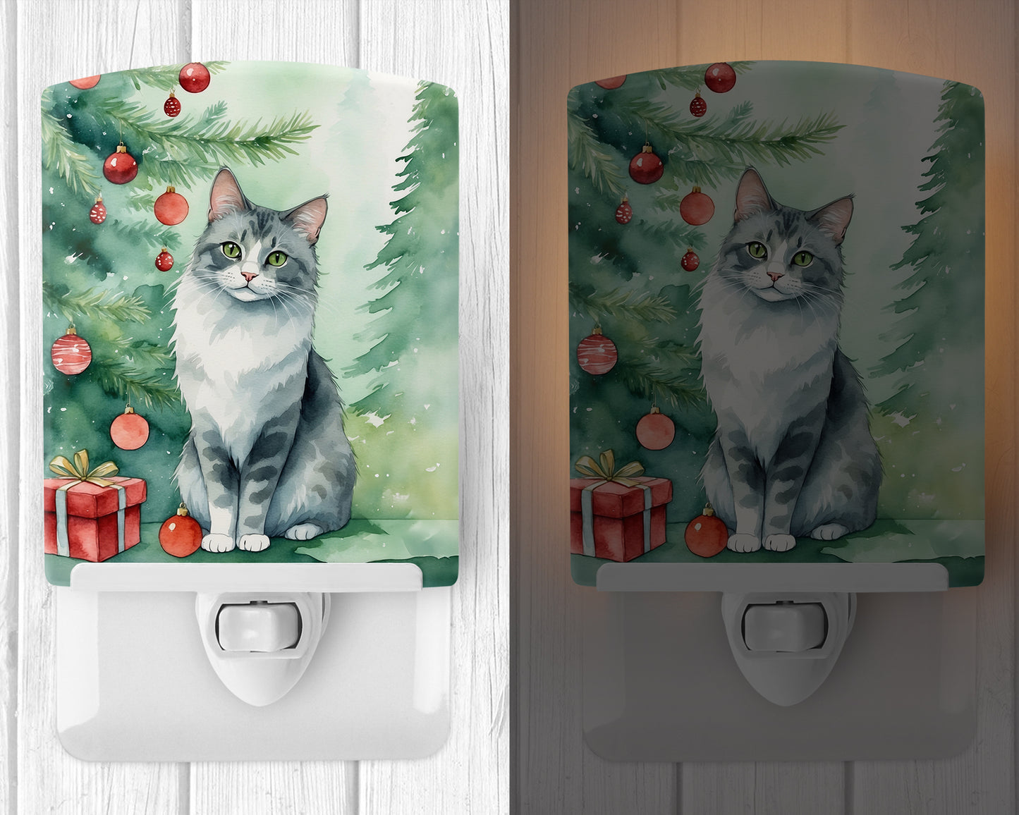Australian Mist Cat By the Christmas Tree Ceramic Night Light