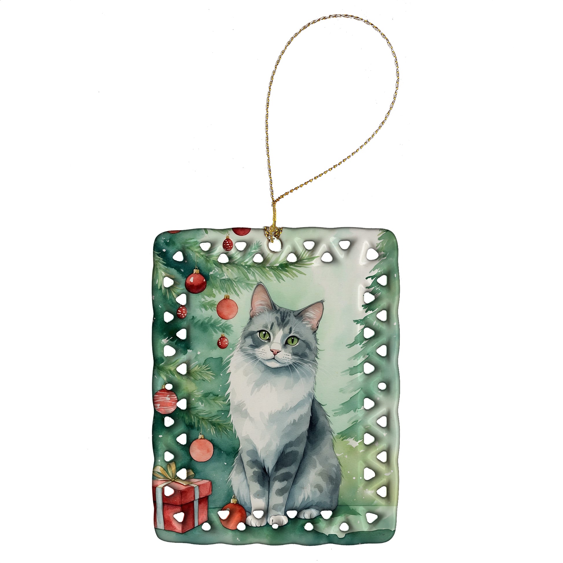 Buy this Australian Mist Cat By the Christmas Tree Porcelain Ornament