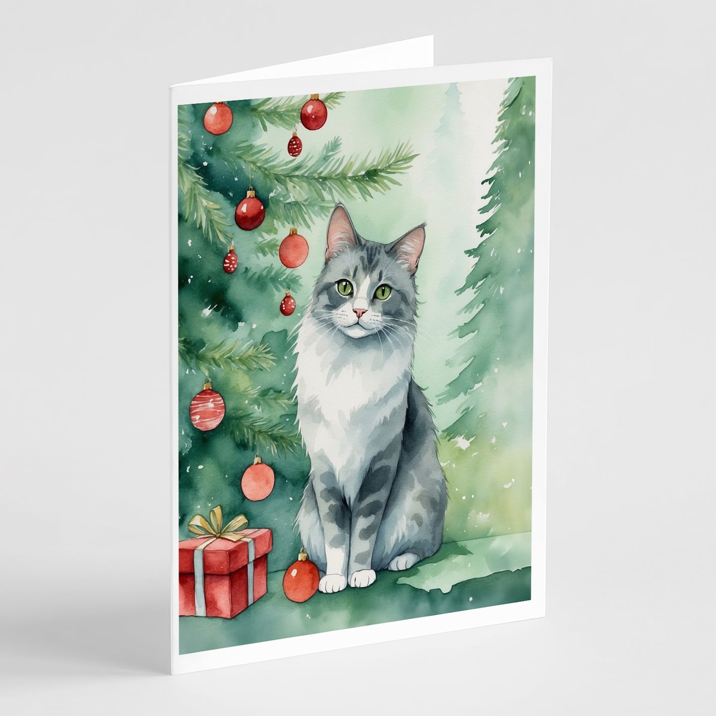 Buy this Australian Mist Cat By the Christmas Tree Greeting Cards Pack of 8