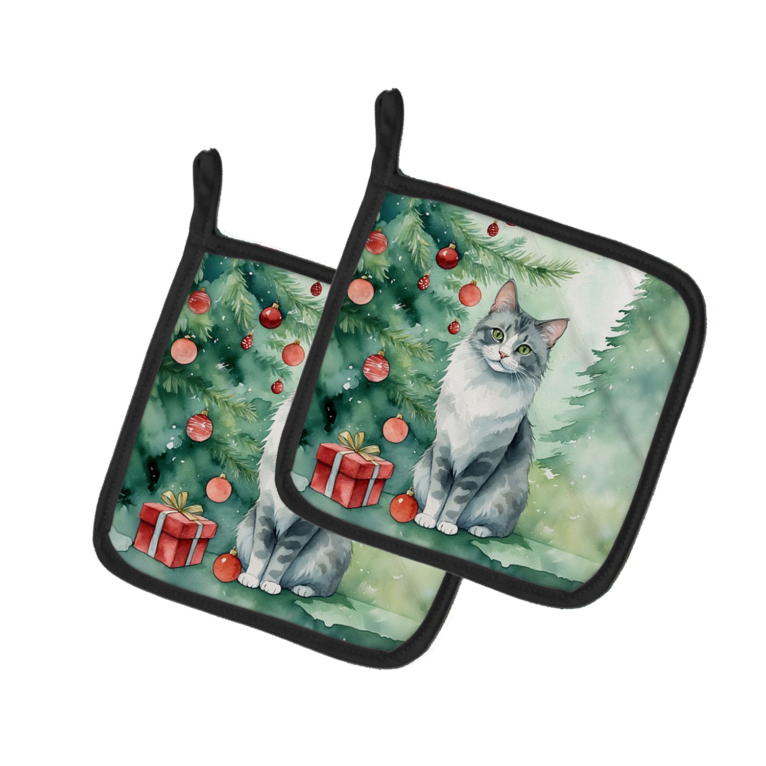 Buy this Australian Mist Cat By the Christmas Tree Pair of Pot Holders