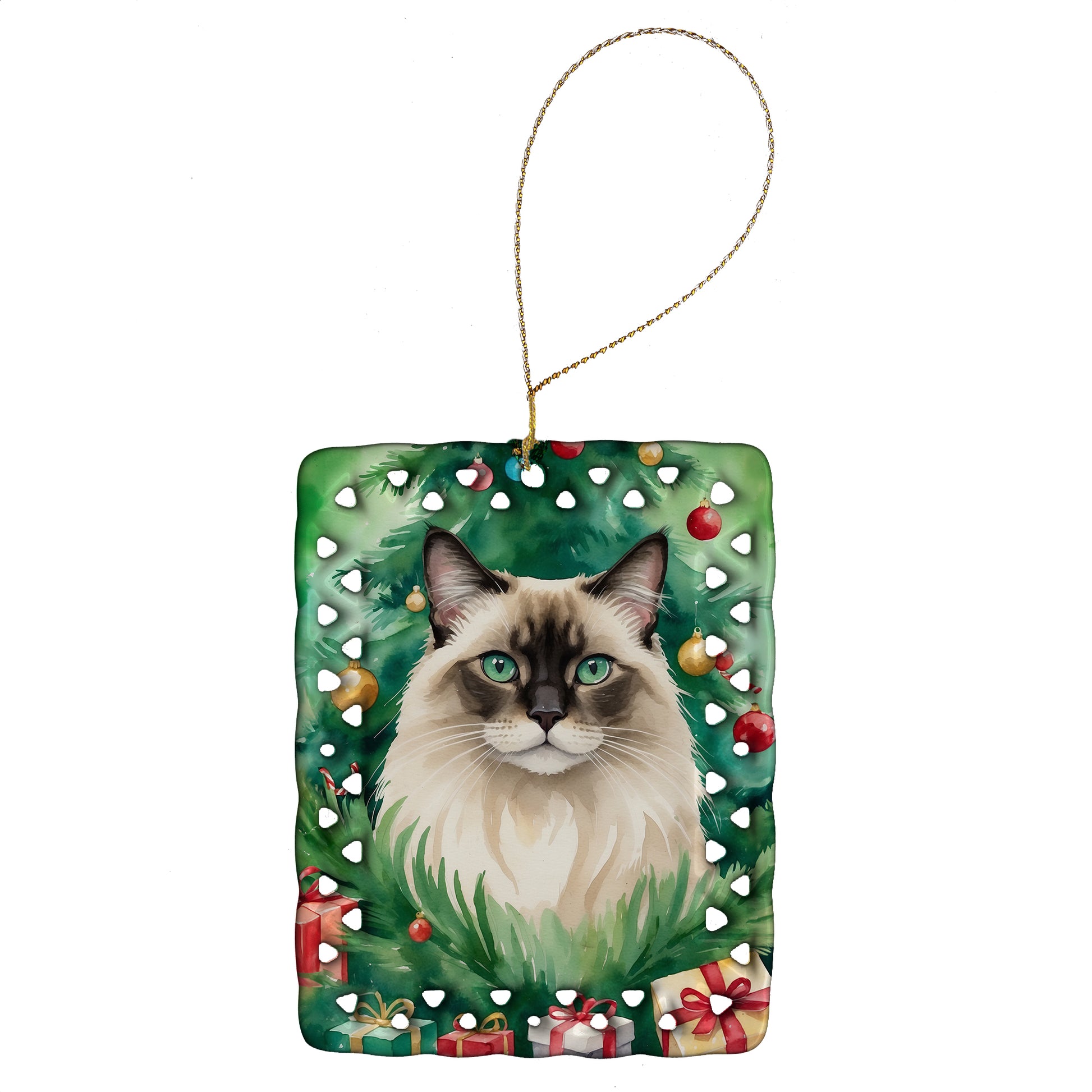 Buy this Balinese Cat By the Christmas Tree Porcelain Ornament