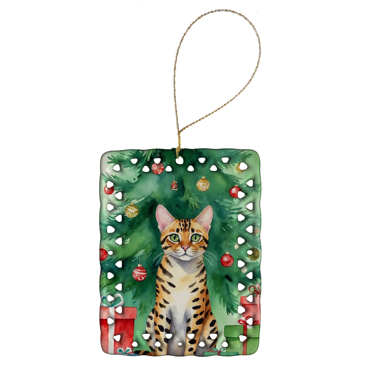 Buy this Bengal Cat By the Christmas Tree Porcelain Ornament