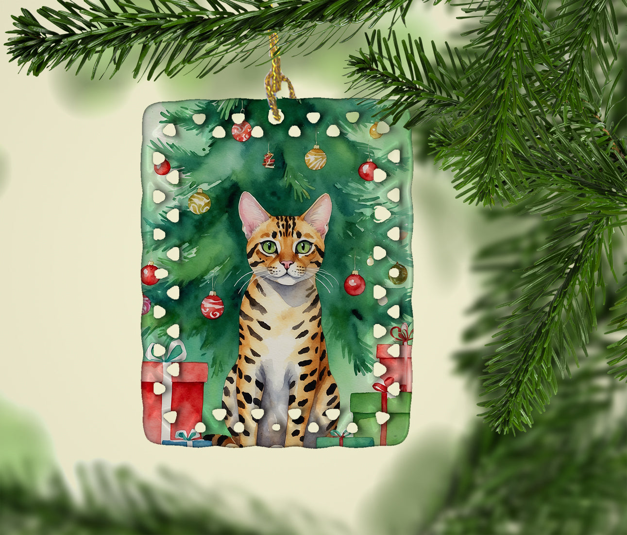 Bengal Cat By the Christmas Tree Porcelain Ornament