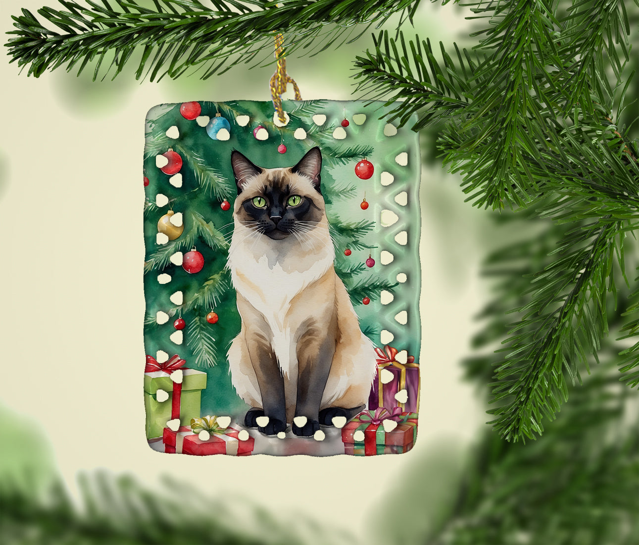 Birman Cat By the Christmas Tree Porcelain Ornament