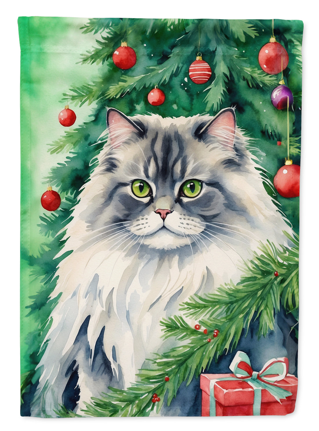 Buy this British Longhair Cat By the Christmas Tree House Flag