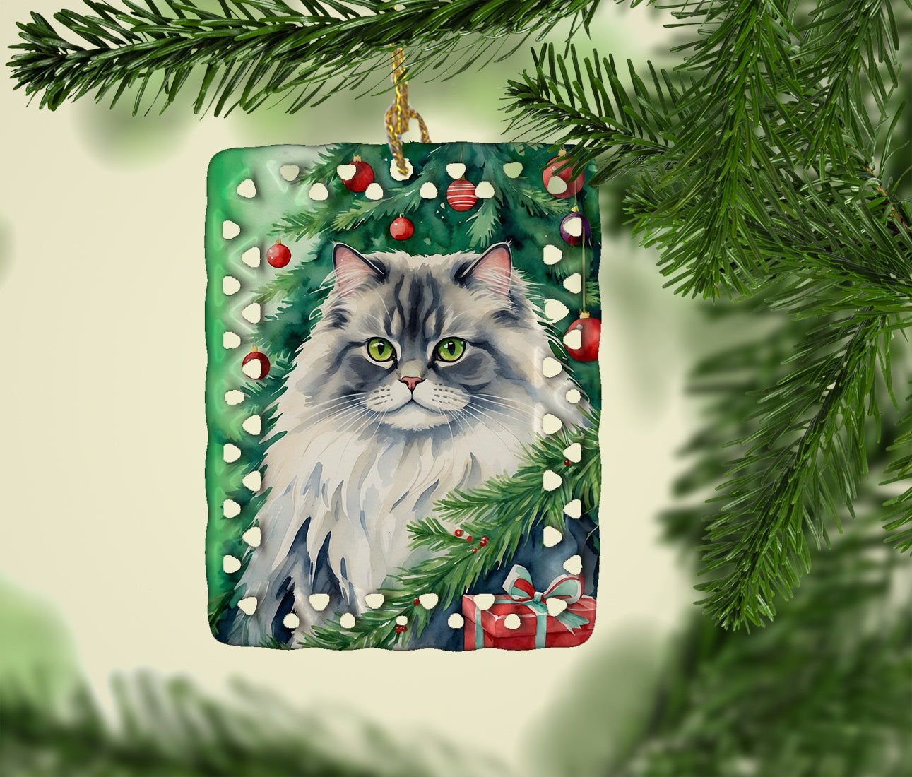 British Longhair Cat By the Christmas Tree Porcelain Ornament